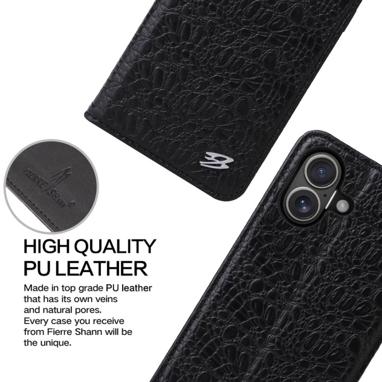 For iPhone 16 Fierre Shann Crocodile Texture Magnetic Genuine Leather Phone Case(Black)