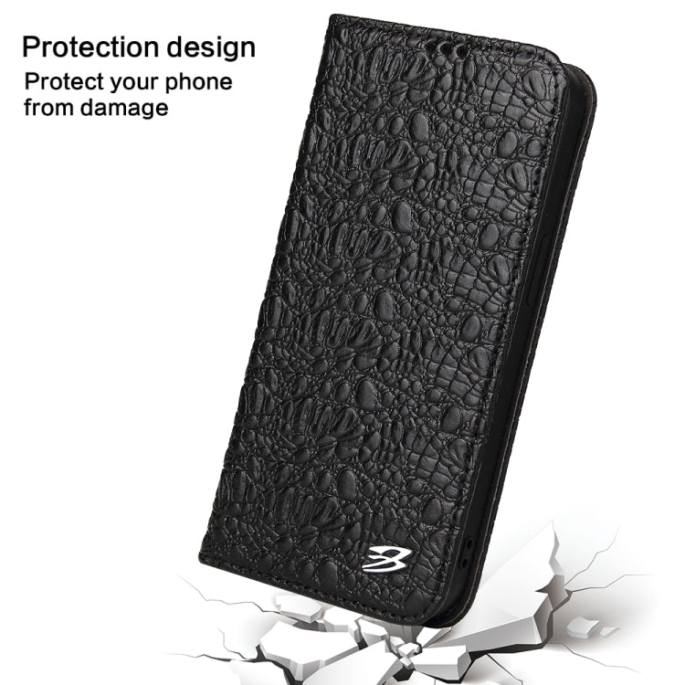 For iPhone 16 Fierre Shann Crocodile Texture Magnetic Genuine Leather Phone Case(Black)