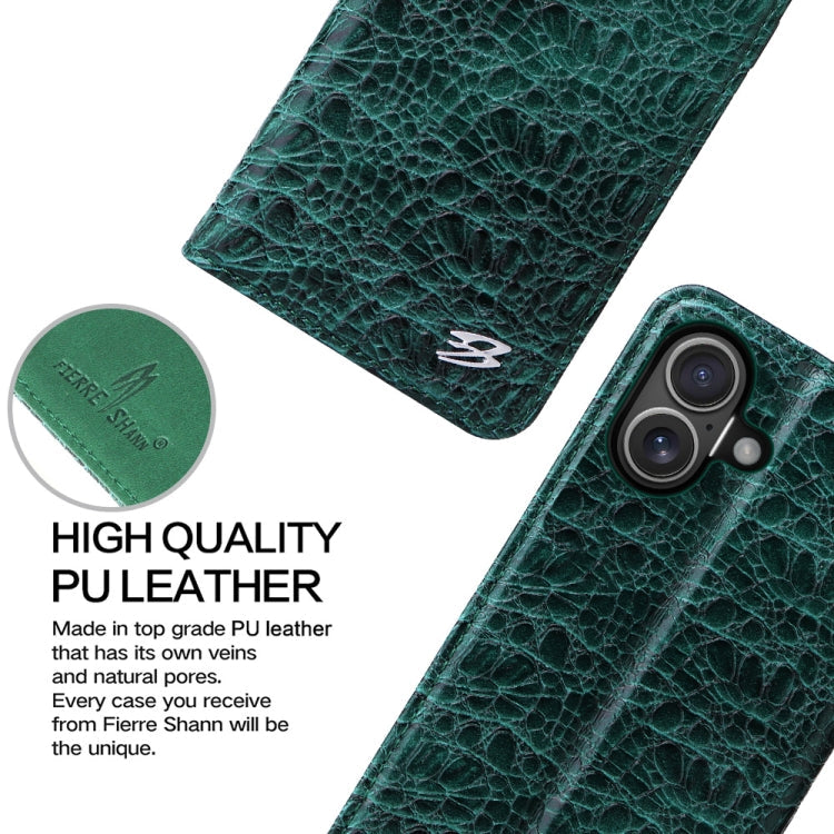 Pour iPhone 16 Étui de téléphone en cuir véritable magnétique Fierre Shann avec texture crocodile (Vert)