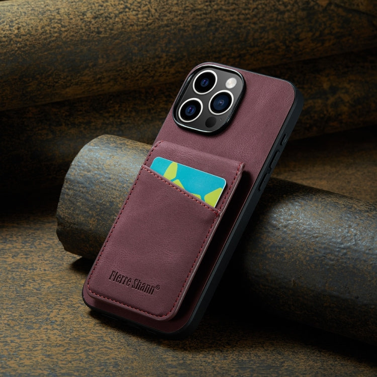 For iPhone 16 Pro Max Fierre Shann Crazy Horse Card Holder Back Cover PU Phone Case(Wine Red)
