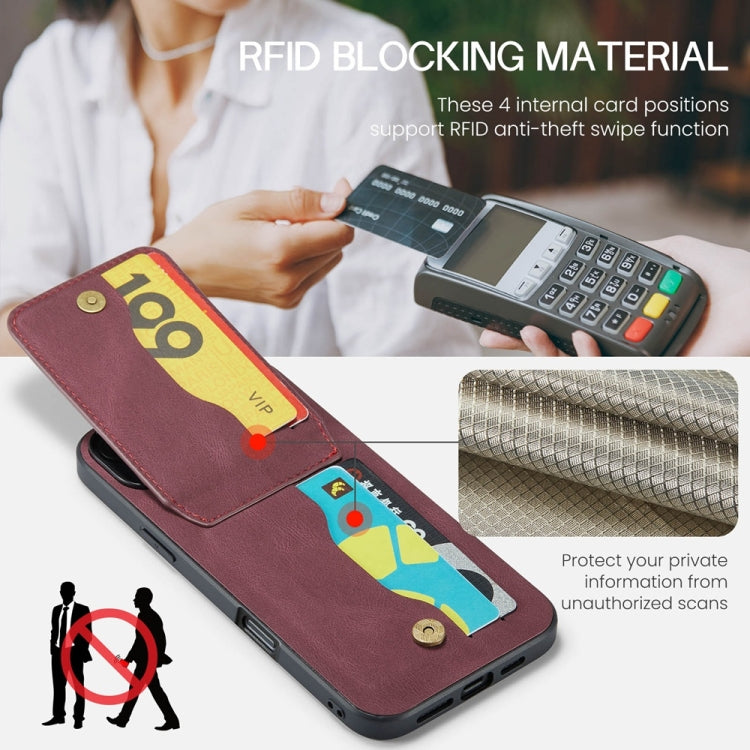 For iPhone 16 Pro Max Fierre Shann Crazy Horse Card Holder Back Cover PU Phone Case(Wine Red)