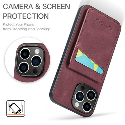 For iPhone 16 Pro Max Fierre Shann Crazy Horse Card Holder Back Cover PU Phone Case(Wine Red)