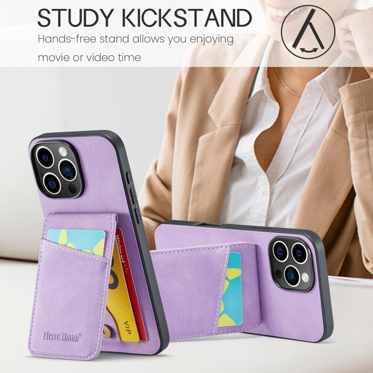 For iPhone 16 Pro Max Fierre Shann Crazy Horse Card Holder Back Cover PU Phone Case(Purple)