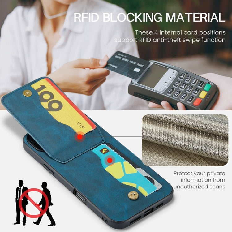 For iPhone 16 Pro Max Fierre Shann Crazy Horse Card Holder Back Cover PU Phone Case(Blue)
