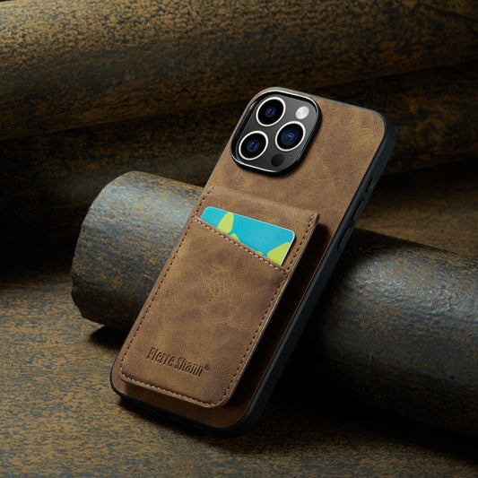 For iPhone 16 Pro Fierre Shann Crazy Horse Card Holder Back Cover PU Phone Case(Brown)