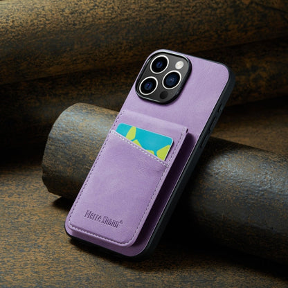 For iPhone 16 Pro Fierre Shann Crazy Horse Card Holder Back Cover PU Phone Case(Purple)