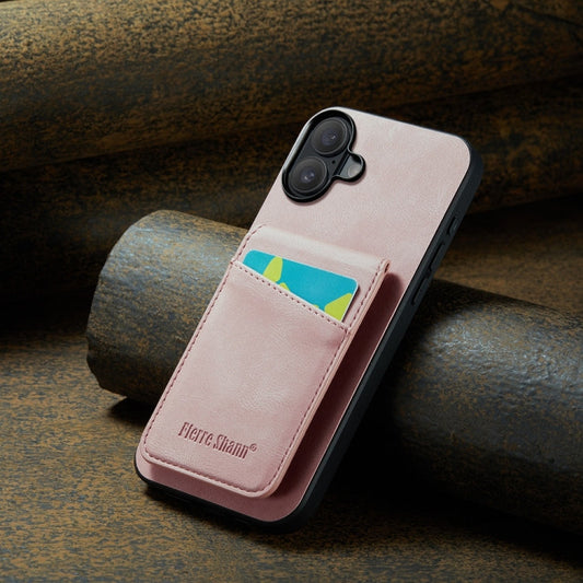 For iPhone 16 Plus Fierre Shann Crazy Horse Card Holder Back Cover PU Phone Case(Pink)