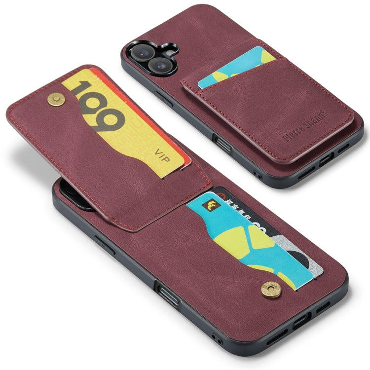 For iPhone 16 Plus Fierre Shann Crazy Horse Card Holder Back Cover PU Phone Case(Wine Red)
