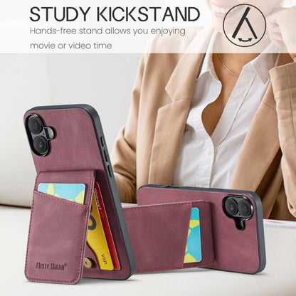 For iPhone 16 Plus Fierre Shann Crazy Horse Card Holder Back Cover PU Phone Case(Wine Red)