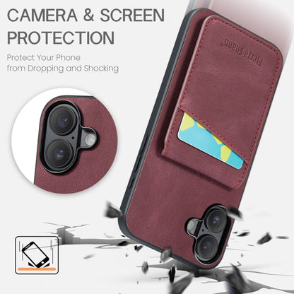 For iPhone 16 Plus Fierre Shann Crazy Horse Card Holder Back Cover PU Phone Case(Wine Red)