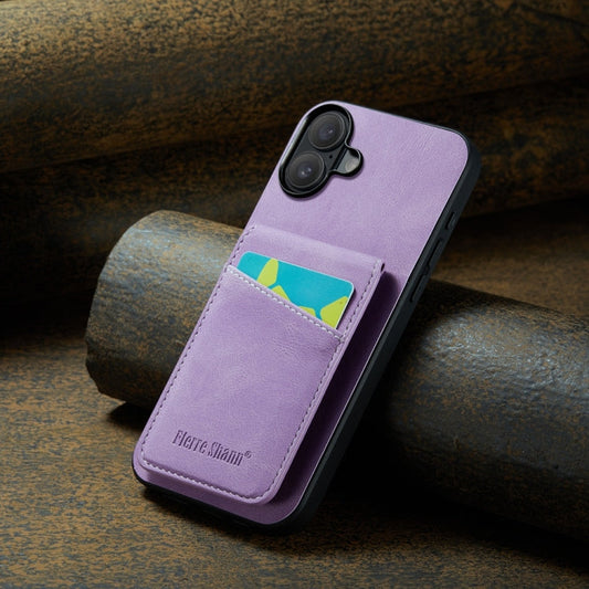 For iPhone 16 Plus Fierre Shann Crazy Horse Card Holder Back Cover PU Phone Case(Purple)