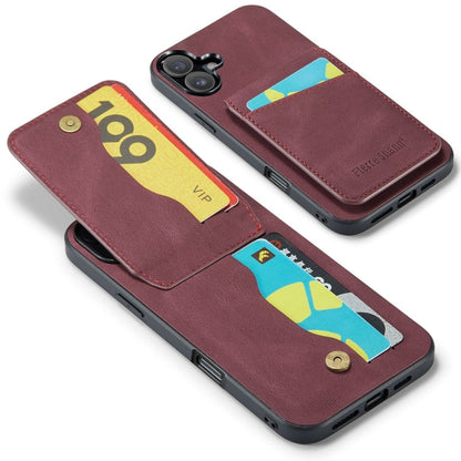 For iPhone 16 Fierre Shann Crazy Horse Card Holder Back Cover PU Phone Case(Wine Red)
