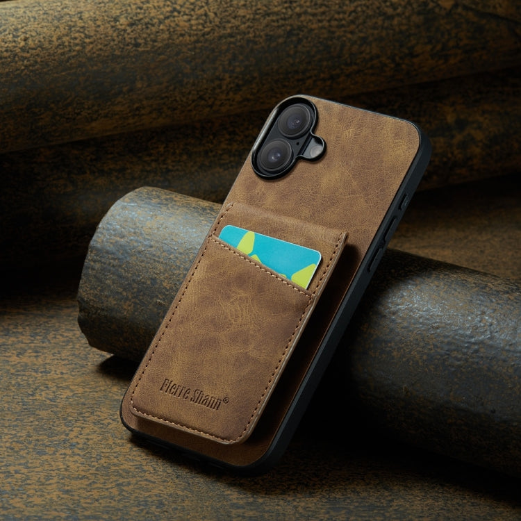 For iPhone 16 Fierre Shann Crazy Horse Card Holder Back Cover PU Phone Case(Brown)