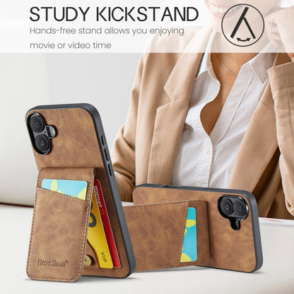For iPhone 16 Fierre Shann Crazy Horse Card Holder Back Cover PU Phone Case(Brown)