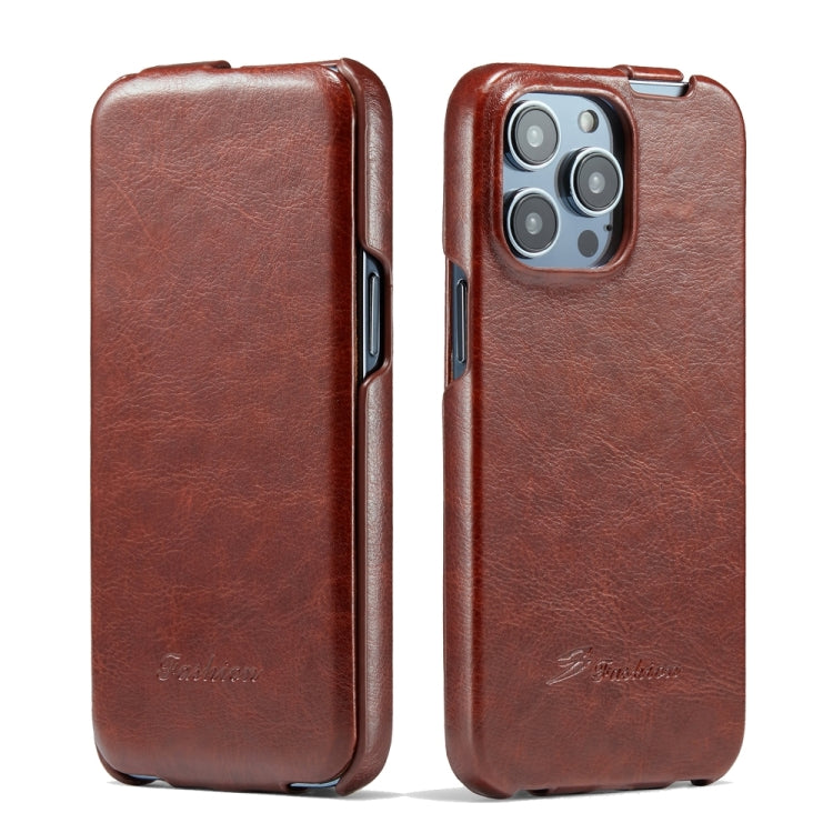 For iPhone 15 Pro Max Fierre Shann Oil Wax Texture Vertical Flip PU Phone Case(Brown)
