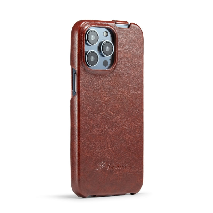 For iPhone 15 Pro Max Fierre Shann Oil Wax Texture Vertical Flip PU Phone Case(Brown)