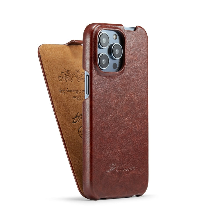 For iPhone 15 Pro Max Fierre Shann Oil Wax Texture Vertical Flip PU Phone Case(Brown)