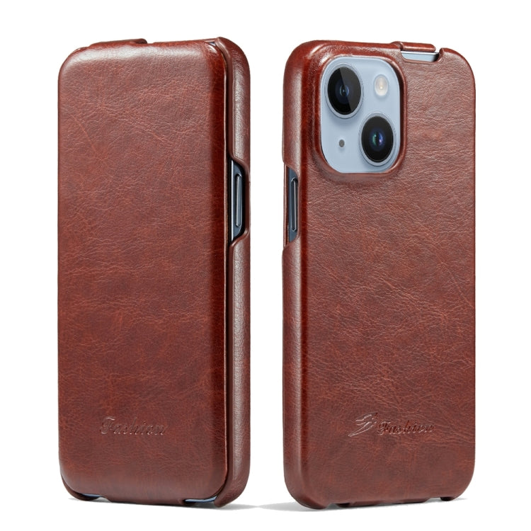 For iPhone 15 Plus Fierre Shann Oil Wax Texture Vertical Flip PU Phone Case(Brown)