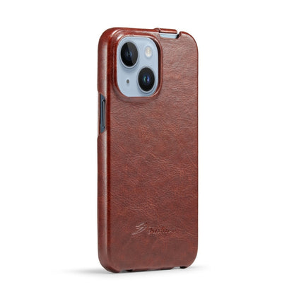 For iPhone 15 Plus Fierre Shann Oil Wax Texture Vertical Flip PU Phone Case(Brown)