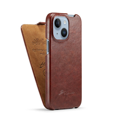 For iPhone 15 Plus Fierre Shann Oil Wax Texture Vertical Flip PU Phone Case(Brown)