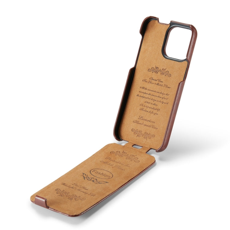 For iPhone 15 Plus Fierre Shann Oil Wax Texture Vertical Flip PU Phone Case(Brown)