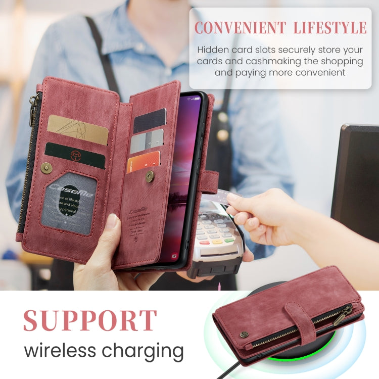 Pour Samsung Galaxy S24 5G Étui Portefeuille en Cuir avec Fermeture Éclair et Emplacements pour Cartes CaseMe C30 (Rouge)