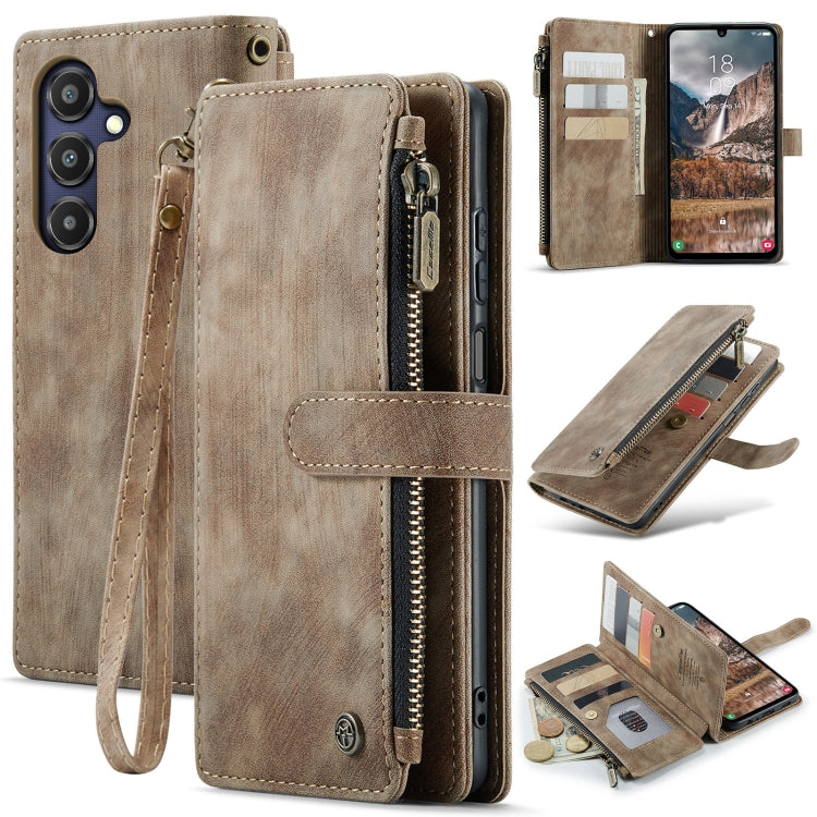 Pour Samsung Galaxy A25 4G Étui portefeuille en cuir CaseMe C30 avec fentes pour cartes et fermeture éclair (marron)