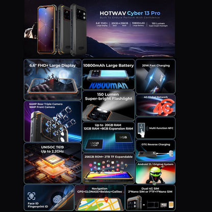 [Entrepôt HK] HOTWAV CYBER 13 Pro, 12 Go+256 Go, Téléphone robuste IP68/IP69K, 10800 mAh, Android 13 UNISOC T619 Octa Core de 6,6 pouces, Réseau: 4G, NFC, OTG (Tout noir)