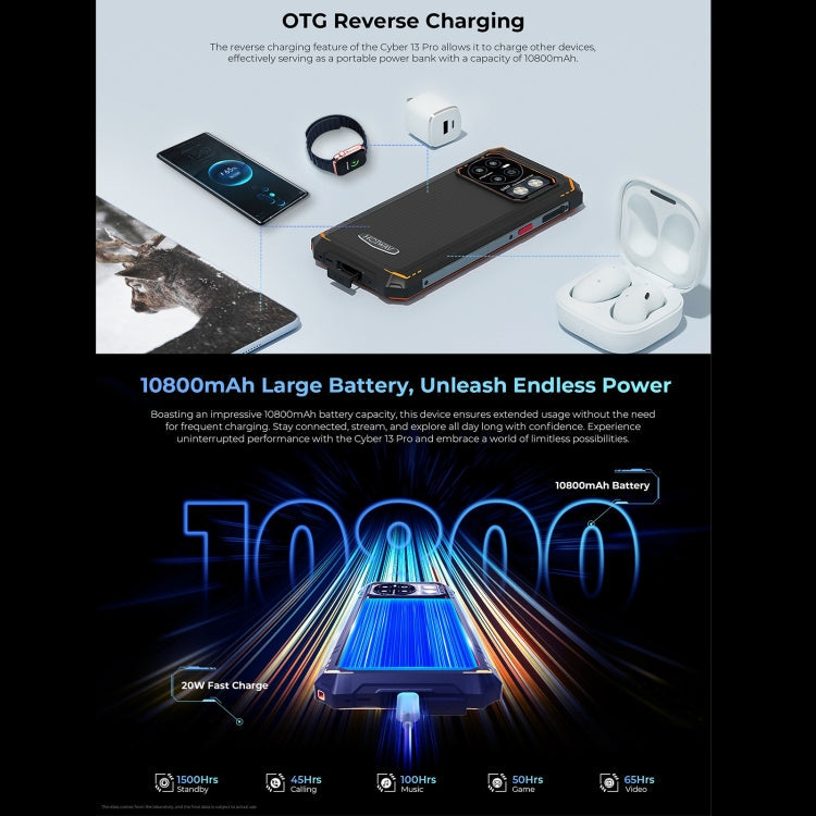 [Entrepôt HK] HOTWAV CYBER 13 Pro, 12 Go+256 Go, Téléphone robuste IP68/IP69K, 10800 mAh, Android 13 UNISOC T619 Octa Core de 6,6 pouces, Réseau: 4G, NFC, OTG (Tout noir)