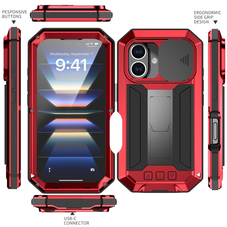 For iPhone 16 R-JUST Sliding Camera IP54 Life Waterproof Holder Phone Case(Red)