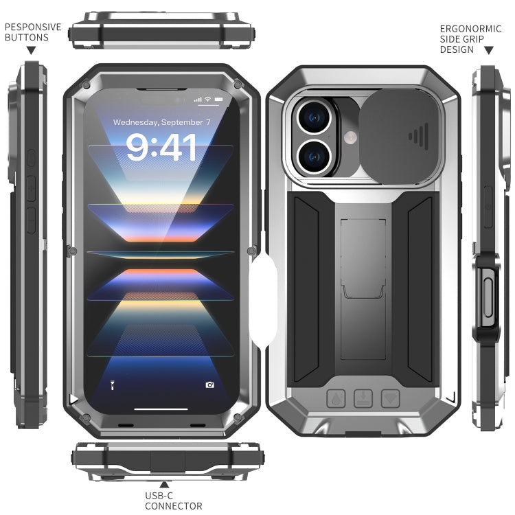 For iPhone 16 R-JUST Sliding Camera IP54 Life Waterproof Holder Phone Case(Silver)