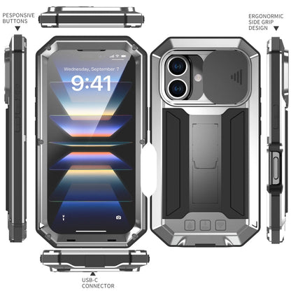 For iPhone 16 R-JUST Sliding Camera IP54 Life Waterproof Holder Phone Case(Silver)