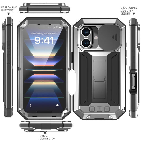 For iPhone 16 R-JUST Sliding Camera IP54 Life Waterproof Holder Phone Case(Silver)