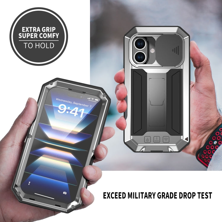 For iPhone 16 R-JUST Sliding Camera IP54 Life Waterproof Holder Phone Case(Silver)