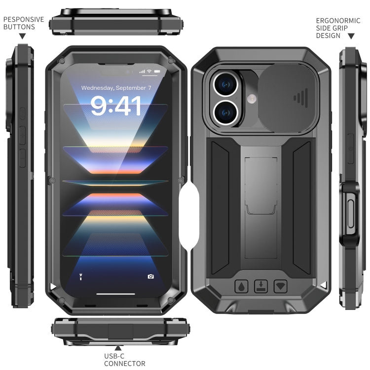 For iPhone 16 Plus R-JUST Sliding Camera IP54 Life Waterproof Holder Phone Case(Black)