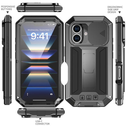 For iPhone 16 Plus R-JUST Sliding Camera IP54 Life Waterproof Holder Phone Case(Black)