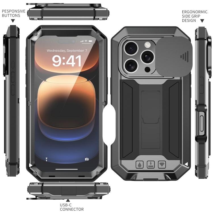 For iPhone 16 Pro R-JUST Sliding Camera IP54 Life Waterproof Holder Phone Case(Black)
