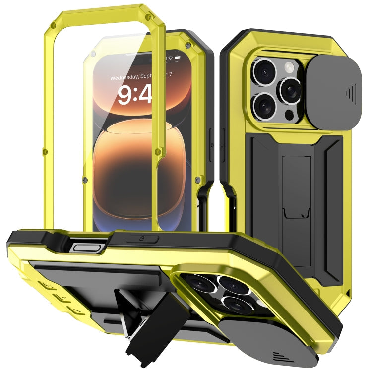 Pour iPhone 16 Pro R-JUST Étui de protection étanche IP54 avec cache-caméra coulissant (Jaune)