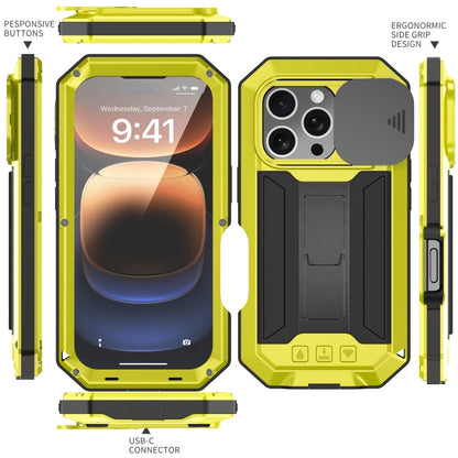 Pour iPhone 16 Pro R-JUST Étui de protection étanche IP54 avec cache-caméra coulissant (Jaune)