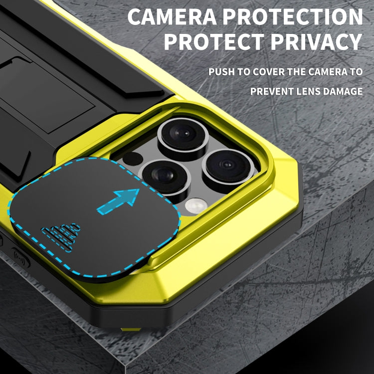 Pour iPhone 16 Pro R-JUST Étui de protection étanche IP54 avec cache-caméra coulissant (Jaune)