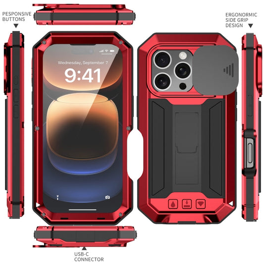 For iPhone 16 Pro Max R-JUST Sliding Camera IP54 Life Waterproof Holder Phone Case(Red)