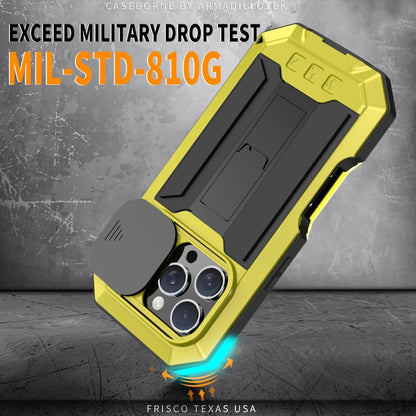 For iPhone 16 Pro Max R-JUST Sliding Camera IP54 Life Waterproof Holder Phone Case(Yellow)