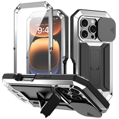 For iPhone 16 Pro Max R-JUST Sliding Camera IP54 Life Waterproof Holder Phone Case(Silver)