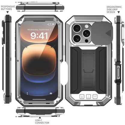 For iPhone 16 Pro Max R-JUST Sliding Camera IP54 Life Waterproof Holder Phone Case(Silver)