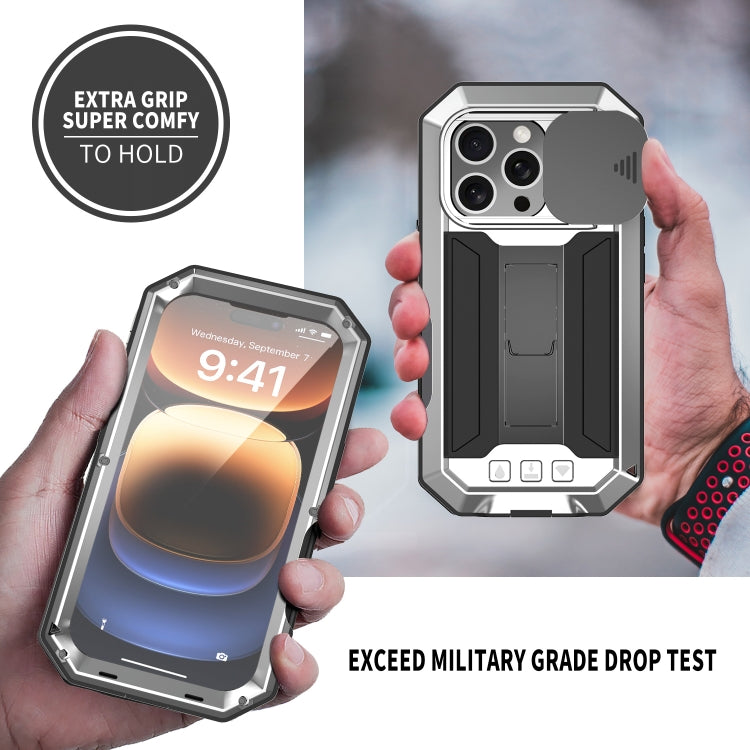 For iPhone 16 Pro Max R-JUST Sliding Camera IP54 Life Waterproof Holder Phone Case(Silver)