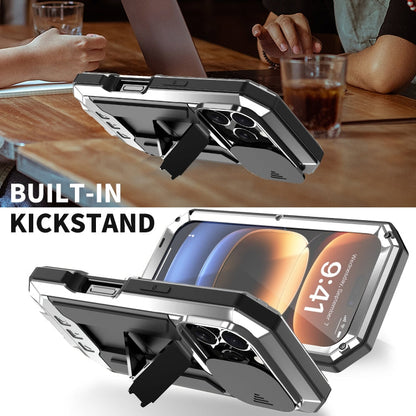 For iPhone 16 Pro Max R-JUST Sliding Camera IP54 Life Waterproof Holder Phone Case(Silver)