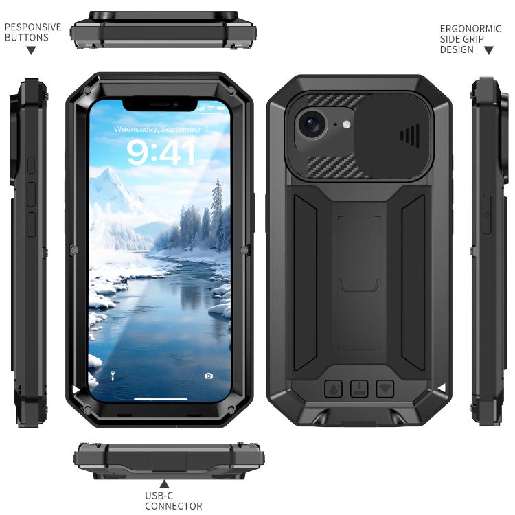 For iPhone 17e / 16e R-JUST Sliding Camera IP54 Life Waterproof Holder Phone Case(Black)