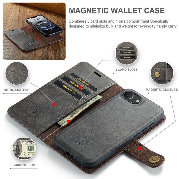 Pour iPhone 17e / 16e DG.MING Crazy Horse Texture Étui de téléphone en cuir magnétique détachable (gris)