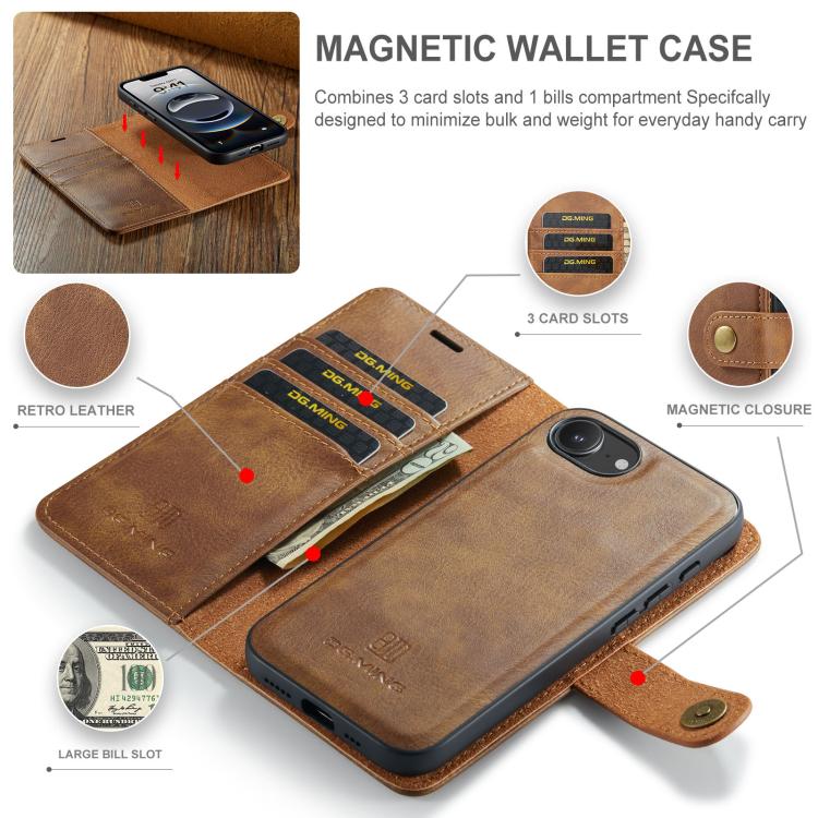 For iPhone 17e / 16e DG.MING Crazy Horse Texture Detachable Magnetic Leather Phone Case(Brown)