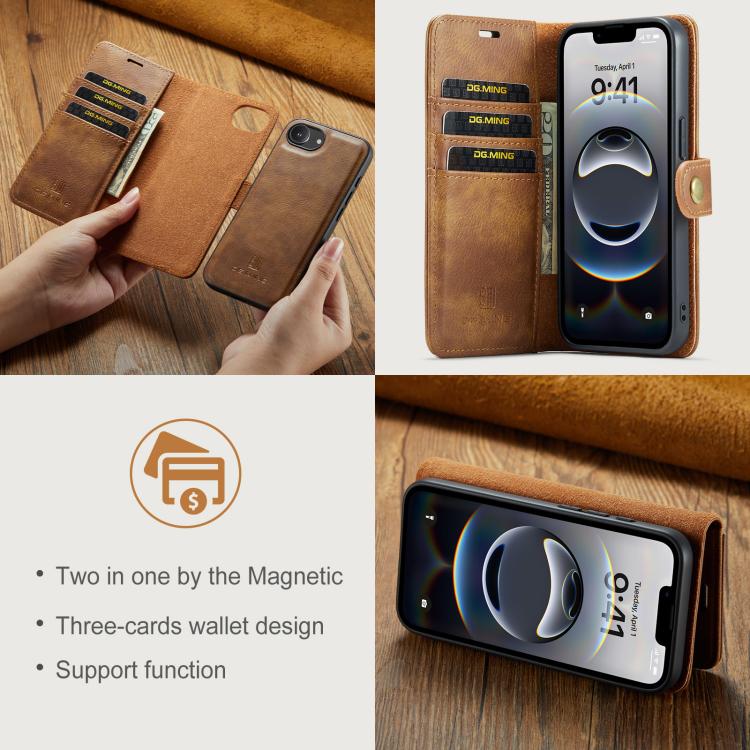 For iPhone 17e / 16e DG.MING Crazy Horse Texture Detachable Magnetic Leather Phone Case(Brown)